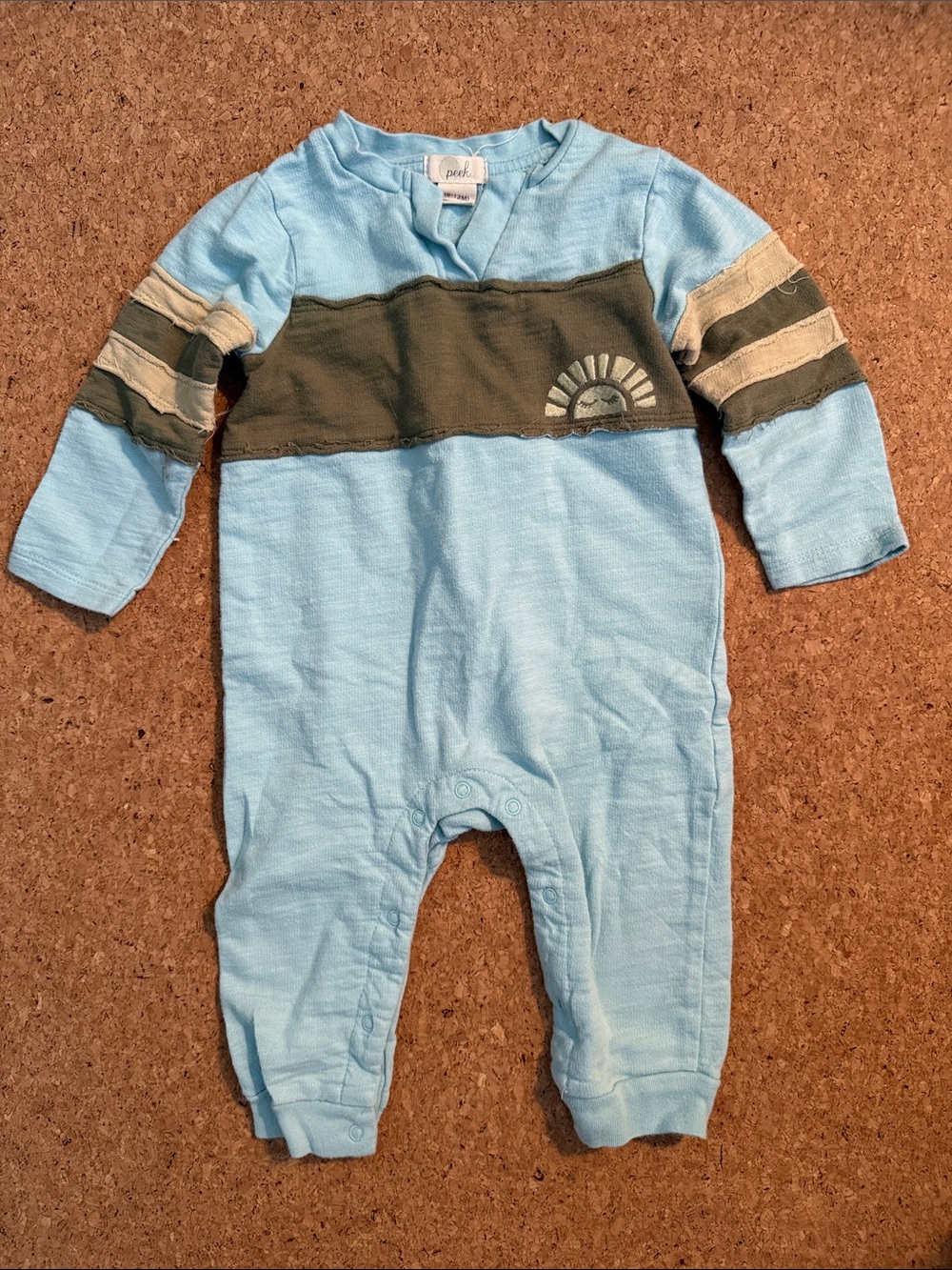 Peek Baby Blue Olive Stripe Sun Graphic Romper 6-12M 100% Cotton